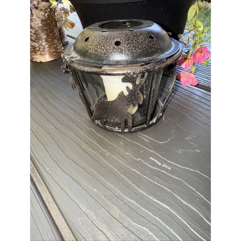 Rustic Metal Elk Round Closed Vented Top Candle Holder 5", Holds 4X3"Candle